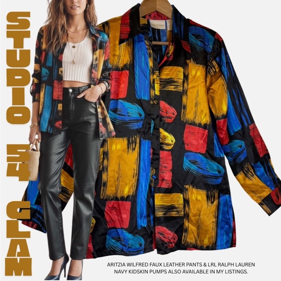 vintage Tops - VTG 80s/90s Satiny Statement Tunic Top Blouse S Boho Disco ArtCore 70s Revival